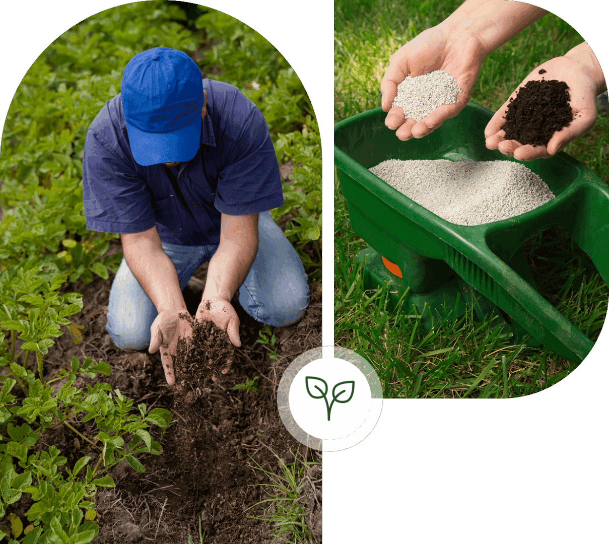 Gardener handling soil and fertilizer outdoors.