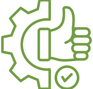 Green gear, thumbs up, check mark icon.