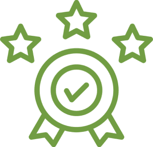 Award badge with three stars and checkmark.