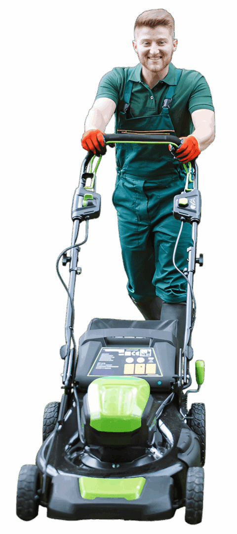 Person using an electric lawn mower with safety gloves.