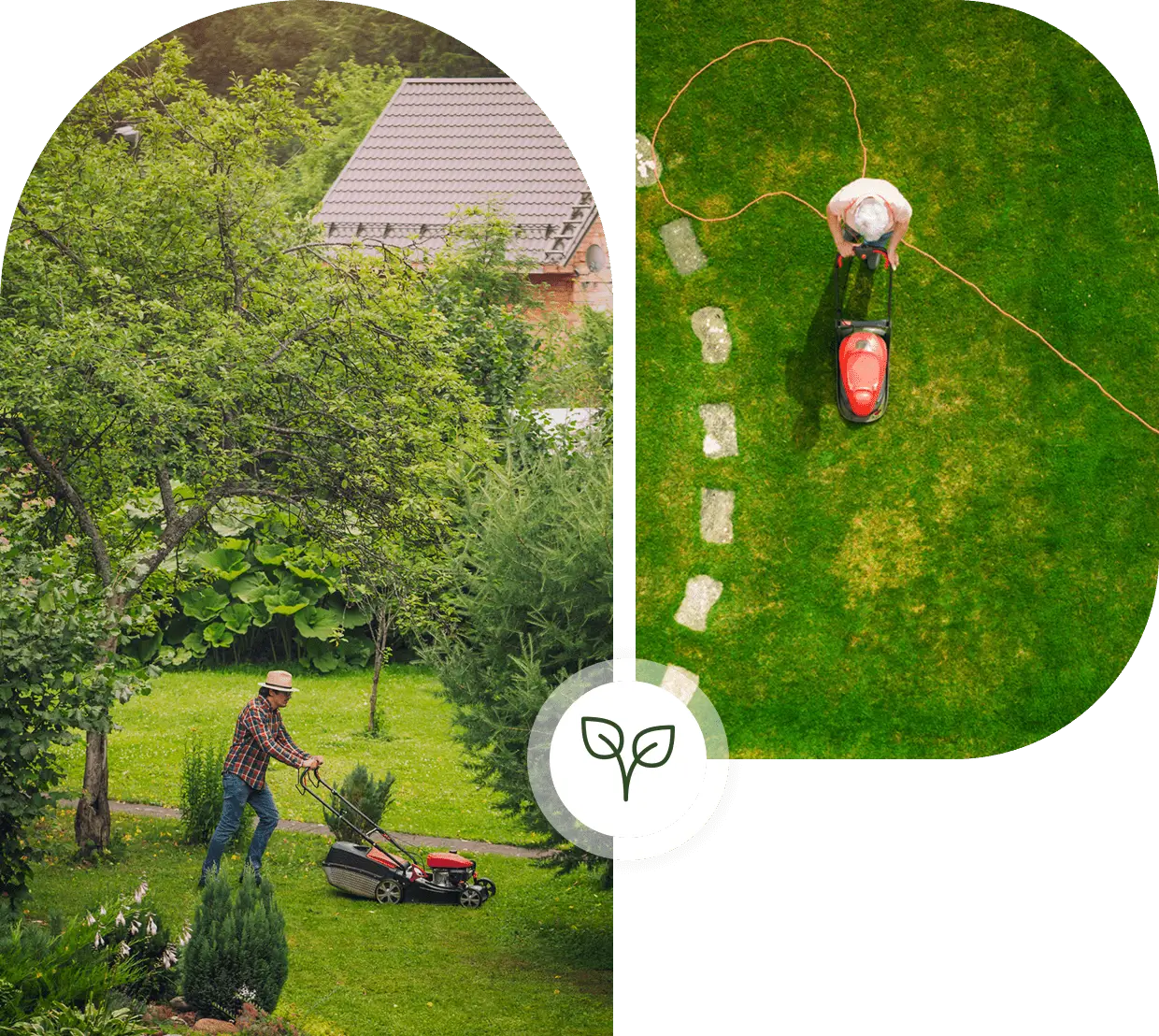Person mowing a green lawn surrounded by trees and garden furniture.
